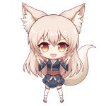  1girl :3 animal_ears blush breasts brown_eyes brown_hair chibi eyebrows_visible_through_hair fox_ears fox_tail full_body highres long_hair looking_at_viewer open_mouth original small_breasts smile solo standing tail teraguchi thigh-highs white_legwear 