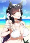  1girl :d animal_ears atago_(azur_lane) azur_lane bangs bare_shoulders bikini black_hair blue_sky blurry blurry_background blush breasts brown_eyes clouds commentary_request day depth_of_field eyebrows_visible_through_hair flower hair_flower hair_ornament kagiyama_(gen&#039;ei_no_hasha) large_breasts lens_flare lens_flare_abuse long_hair looking_at_viewer navel ocean off_shoulder open_mouth outdoors skindentation sky smile solo standing swimsuit upper_body very_long_hair white_bikini 
