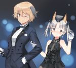  2girls ;) animal_ears blonde_hair blush bow bowtie_removed brave_witches brown_eyes commentary_request dog_ears edytha_rossmann formal fox_ears garrison_cap gloves hair_bow hand_in_pocket hat jacket long_sleeves looking_at_viewer multiple_girls necktie one_eye_closed shimada_fumikane short_hair silver_hair sleeveless smile striped striped_necktie suit twintails vertical_stripes vest waltrud_krupinski white_gloves world_witches_series 