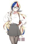  1girl absurdres backpack bag blonde_hair blue_eyes blue_hair commandant_teste_(kantai_collection) dress glasses hair_ribbon highres kantai_collection long_hair looking_at_viewer morinaga_(harumori) multicolored_hair pantyhose redhead ribbon simple_background smile solo sweatshirt very_long_hair 