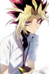  1boy absurdres belt_collar black_shirt blonde_hair closed_mouth collar collared_shirt commentary_request highres jewelry looking_at_viewer male_focus maruchi millennium_puzzle multicolored_hair necklace pink_hair shirt short_sleeves simple_background solo spiky_hair white_background white_shirt yami_yuugi yu-gi-oh! 