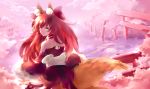  1girl absurdres alternate_color alternate_hairstyle animal_ears fate/extra fate/grand_order fate_(series) fox_ears fox_tail highres long_hair looking_at_viewer looking_back mochigome_(fatelly) outdoors pink_hair solo tail tamamo_(fate)_(all) tamamo_no_mae_(fate) tree yellow_eyes 
