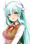  1girl aqua_hair blush breasts cosplay fate/grand_order fate/stay_night fate_(series) horns kiyohime_(fate/grand_order) long_hair looking_at_viewer medium_breasts open_mouth school_uniform sen_(astronomy) smile solo upper_body yellow_eyes 