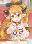  1girl :d black_bow blonde_hair blush bow cherry collared_shirt commentary_request day doraf drink feeding food food_on_face fruit glass glasses granblue_fantasy green_eyes hair_bow head_tilt high_ponytail holding holding_spoon horns ice ice_cube indoors long_hair looking_at_viewer napkin ninjatasuku open_mouth plaid plaid_shirt pointy_ears pudding restaurant rimless_glasses round_glasses saaya_(granblue_fantasy) shirt short_sleeves sitting smile solo whipped_cream white_shirt window wing_collar 