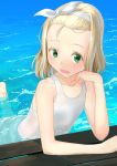  1girl :d blonde_hair collarbone green_eyes hairband highres i-504_(kantai_collection) kantai_collection luigi_torelli_(kantai_collection) masukuza_j open_mouth partially_submerged school_swimsuit short_hair smile solo swimsuit white_hairband white_school_swimsuit white_swimsuit 