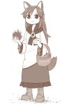  1girl animal_ears apple bangs basket boots brooch carrying dress eating food frilled_dress frilled_sleeves frills fruit full_body grass highres holding holding_fruit imaizumi_kagerou jewelry layered_dress long_hair monochrome poronegi simple_background solo standing tail touhou white_background wolf_ears wolf_tail younger 