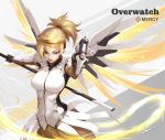  aiming_at_viewer artist_name blonde_hair blue_eyes bodysuit breasts brown_legwear character_name copyright_name dated1girl faulds glowing glowing_wings grey_background gun hair_tie handgun high_ponytail highres holding holding_gun holding_staff holding_weapon long_hair mechanical_halo mechanical_wings medium_breasts mercy_(overwatch) open_mouth overwatch pelvic_curtain pistol shou_mai signature simple_background solo spread_wings staff upper_body weapon white_background white_bodysuit wings yellow_wings 