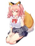 1girl animal_ears black_legwear bow bowtie breasts cardigan_around_waist fate/extella fate/extra fate_(series) fox_ears fox_shadow_puppet fox_tail full_body grin hair_bow hand_on_own_thigh heart highres kneehighs looking_at_viewer medium_breasts narynn orange_eyes pink_hair plaid plaid_skirt pleated_skirt school_uniform seiza simple_background sitting skirt sleeves_rolled_up smile solo tail tamamo_(fate)_(all) tamamo_jk_(fate) twintails white_background 