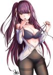  1girl :o absurdres bangs bare_shoulders black_bra black_legwear black_panties blunt_bangs bra breasts cleavage collarbone covered_navel cowboy_shot finger_in_mouth girls_frontline highres ichikawayan large_breasts long_hair long_sleeves looking_at_viewer navel off_shoulder one_side_up open_clothes open_mouth open_shirt panties panties_under_pantyhose pantyhose partially_unbuttoned pulled_by_self red_eyes shirt signature simple_background solo standing straight_hair strap_pull thighband_pantyhose tsurime underwear very_long_hair violet_eyes wa2000_(girls_frontline) white_background white_shirt 