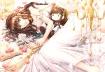  1girl ariake_aria bare_shoulders book braid brown_hair cardia_beckford chandelier code:realize doll dress flower green_eyes long_hair looking_at_viewer lying on_side open_book white_dress 