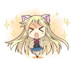  &gt;_&lt; 1girl animal_ears bangs black_legwear black_vest blonde_hair blue_skirt blush bow bowtie cat_ears cat_tail chibi collared_shirt commentary_request eyebrows_visible_through_hair facing_viewer fang gia_kon gradient gradient_background hair_bun hair_ornament hairclip kemonomimi_mode kin-iro_mosaic kujou_karen long_hair open_mouth outstretched_arms pink_bow pink_bowtie red_shoes shadow shirt shoes short_sleeves skirt solo sparkle standing striped striped_bow striped_bowtie tail torn_clothes torn_sleeves two-tone_background very_long_hair vest white_shirt wing_collar x_hair_ornament 