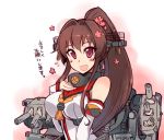  1girl breasts brown_hair cherry_blossoms detached_sleeves flower hair_flower hair_ornament headgear kantai_collection kusanagi_tonbo large_breasts long_hair ponytail sleeveless solo translation_request turret very_long_hair yamato_(kantai_collection) 