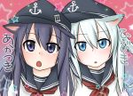  2girls :o akatsuki_(kantai_collection) anchor_symbol animal_ears bangs black_hat blue_background blue_eyes cat_ears commentary_request eyebrows_visible_through_hair fang flat_cap gradient gradient_background hair_between_eyes hat hibiki_(kantai_collection) kantai_collection kemonomimi_mode looking_at_viewer looking_up multiple_girls n. neckerchief open_mouth parted_lips pink_background purple_hair red_neckerchief school_uniform serafuku shirt silver_hair star translation_request violet_eyes white_shirt 