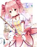  blush bow choker collarbone eyebrows_visible_through_hair gloves hair_between_eyes hair_bow highres jewelry kaname_madoka kyubey long_hair mahou_shoujo_madoka_magica necklace pink_hair red_bow red_eyes red_ribbon ribbon ribbon_choker ryoutan smile twintails white_gloves 