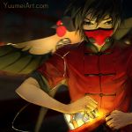  1boy black_eyes black_hair blurry blurry_background chinese_clothes face_mask highres kite knite mask short_hair solo watermark web_address wenqing_yan 