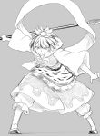  &gt;:( 1girl dress fighting_stance frown grey_background greyscale hair_ornament holding holding_spear holding_sword holding_weapon lance leaning_forward legs_apart long_sleeves looking_at_viewer monochrome o-ring polearm poronegi puffy_pants ribbon shoes short_hair simple_background solo spear standing sword toramaru_shou touhou weapon 