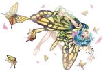  1girl antennae bare_arms bare_legs barefoot blue_hair brown_eyes butterfly butterfly_wings dress eternity_larva full_body green_dress hair_ornament highres leaf_hair_ornament looking_at_viewer open_mouth outstretched_arms short_dress short_hair simple_background smile solo touhou white_background wings zhu_xiang 