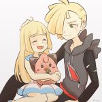  1boy 1girl black_pants blonde_hair brother_and_sister child cleffa closed_eyes dress gladio_(pokemon) green_eyes hair_over_one_eye hand_on_another&#039;s_head hood hoodie lillie_(pokemon) long_hair long_sleeves open_mouth pants pokemon pokemon_(anime) pokemon_(creature) pokemon_(game) pokemon_sm pokemon_sm_(anime) short_hair siblings simple_background siroromo sitting sleeveless sleeveless_dress torn_clothes white_dress younger 