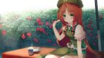  black_bow bow braid chinese_clothes chopsticks commentary_request cup dango day eating food frilled_shirt frills gengetsu_chihiro green_eyes green_hat hair_bow hat highres hong_meiling long_hair looking_at_viewer outdoors pelvic_curtain puffy_short_sleeves puffy_sleeves red_flower redhead shirt short_sleeves sitting star touhou twin_braids very_long_hair vest wagashi 