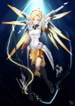  1girl bingsang black_background blonde_hair blue_background blue_eyes bodysuit breasts broken broken_staff brown_legwear commentary energy faulds full_body gradient gradient_background gun handgun high_ponytail highres light_particles light_rays looking_at_viewer mechanical_halo mechanical_wings medium_breasts mercy_(overwatch) open_mouth outstretched_hand overwatch pantyhose pelvic_curtain reaching_out solo spread_wings staff torn_clothes torn_pantyhose underwater weapon wings yellow_wings 