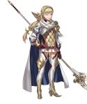  1girl armor bangs boots braid cape crown_braid fire_emblem fire_emblem_heroes full_body gloves green_eyes hand_on_hip highres holding holding_weapon kozaki_yuusuke long_hair looking_at_viewer low_ponytail multicolored_hair official_art one_eye_closed pink_hair polearm sharena smile solo spear thigh-highs thigh_boots transparent_background weapon zettai_ryouiki 