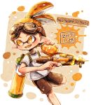  1boy black_shorts burst_bomb_(splatoon) dated domino_mask english fangs goggles goggles_on_head hair_slicked_back harutarou_(orion_3boshi) highres holding holding_weapon ink_tank_(splatoon) inkling inkling_(language) looking_to_the_side male_focus mask open_mouth orange_eyes orange_hair orange_tongue paint_splatter pointy_ears scrunchie shirt short_hair short_sleeves shorts single_vertical_stripe smile solo splash-o-matic_(splatoon) splatoon splatoon_1 standing standing_on_one_leg t-shirt tentacle_hair topknot weapon white_shirt 