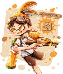  1boy black_shorts burst_bomb_(splatoon) dated domino_mask english fangs goggles goggles_on_head hair_slicked_back harutarou_(orion_3boshi) highres holding holding_weapon ink_tank_(splatoon) inkling inkling_(language) looking_to_the_side male_focus mask open_mouth orange_eyes orange_hair orange_tongue paint_splatter pointy_ears scrunchie shirt short_hair short_sleeves shorts single_vertical_stripe smile solo splash-o-matic_(splatoon) splatoon splatoon_1 standing standing_on_one_leg t-shirt tentacle_hair topknot weapon white_shirt 