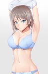  1girl armpits arms_up blue_bra blue_eyes blue_panties bra breasts cleavage commentary_request cowboy_shot gradient gradient_background grey_hair highres looking_at_viewer love_live! love_live!_sunshine!! medium_breasts panties shaito short_hair solo underwear underwear_only undressing watanabe_you 