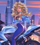  1girl arm_support ass blonde_hair blue_eyes bra building choker city collarbone from_side fur-trimmed_hood fur_trim gloves high-waist_pants lips long_hair looking_at_viewer looking_to_the_side mercy_(overwatch) overwatch see-through sky solo taiss14 underwear wind 