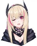  1girl blonde_hair echj face girls_frontline hair_between_eyes head_tilt headgear light_blush long_hair looking_to_the_side m4_sopmod_ii_(girls_frontline) mask_around_neck multicolored_hair one_eye_closed open_mouth portrait red_eyes sketch solo straight_hair streaked_hair white_background 