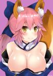  1girl absurdres animal_ears blush breasts cleavage fate/extra fate/grand_order fate_(series) fox_ears fox_tail highres large_breasts light_smile long_hair looking_at_viewer nobunyan_(ndns8438) pink_background pink_hair simple_background solo tail tamamo_(fate)_(all) tamamo_no_mae_(fate) yellow_eyes 