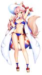  1girl animal_ears bikini blue_bikini blush breasts cleavage collarbone ears_through_headwear fang fate/extra fate/grand_order fate_(series) fox_ears fox_shadow_puppet fox_tail full_body hat innertube large_breasts long_hair looking_at_viewer moi_(latte_art) navel open_mouth pink_hair simple_background solo summer swimsuit tail tamamo_(fate)_(all) tamamo_no_mae_(swimsuit_lancer)_(fate) white_background yellow_eyes 