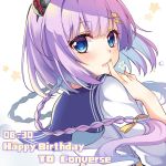  1girl blue_eyes blush braid character_name converse_(zhan_jian_shao_nyu) dated eyebrows_visible_through_hair finger_to_mouth hair_ornament hairclip happy_birthday hasu_(velicia) highres index_finger_raised long_hair looking_at_viewer parted_lips purple_hair smile solo zhan_jian_shao_nyu 