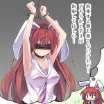  1girl animal_ears armpits arms_up bdsm black_eyes black_neckwear blindfold breasts choker cleavage cuffs earrings grey_background handcuffs highres jewelry long_hair original rabbit_ears redhead ryogo simple_background solo thought_bubble translation_request 