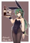  :3 alcohol animal_ears bangs bare_shoulders black_legwear blue_eyes brown_background bunny_girl bunnysuit closed_mouth commentary_request covered_navel cowboy_shot cup drinking_glass eyebrows_visible_through_hair fake_animal_ears flower green_hair hair_between_eyes hair_flower hair_ornament holding holding_tray kaginoni leotard long_hair looking_at_viewer original pantyhose purple_leotard rabbit_ears simple_background smile standing tray wine wrist_cuffs 