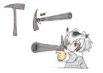 1girl ;( bangs bird_wings black_hair blonde_hair closed_mouth facing_away feathered_wings feathers finger_on_trigger frown fur_collar gloves gun hair_between_eyes head_wings holding holding_gun holding_weapon kemono_friends long_sleeves looking_away multicolored_hair northern_white-faced_owl_(kemono_friends) one_eye_closed orange_eyes pickaxe roonhee short_hair sidelocks simple_background solo tsurime upper_body weapon white_background white_hair wings yellow_gloves 