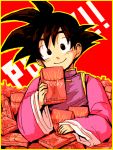  1boy black_eyes black_hair candy chinese_clothes dragon_ball dragonball_z food frame happy long_sleeves looking_at_viewer maca_(kanekohouse) male_focus pocky purple_shirt red_background shirt short_hair simple_background smile solo son_goten spiky_hair too_many 