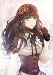  1girl 666 aqua_eyes brown_gloves brown_hair cardia_beckford code:realize cravat gear_hair_ornament gloves hairband hand_up long_hair looking_at_viewer number parted_lips solo t0d0a upper_body 