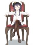  1girl ;) admiral_(kantai_collection) admiral_(kantai_collection)_(cosplay) akatsuki_(kantai_collection) arm_rest armchair bangs black_skirt blue_eyes brown_footwear brown_legwear chair closed_mouth commentary_request cosplay eyebrows_visible_through_hair full_body hat highres jacket kantai_collection legs_crossed loafers long_hair long_sleeves looking_at_viewer military military_uniform one_eye_closed pantyhose peaked_cap pleated_skirt purple_hair shoes simple_background skirt smile smug solo uniform very_long_hair vipper_captain white_background white_hat white_jacket 