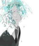  androgynous aqua_eyes aqua_hair black_neckwear black_shirt broken collared_shirt colored_eyelashes damaged eyeball eyebrows_visible_through_hair eyelashes eyes_visible_through_hair gem houseki_no_kuni looking_at_viewer necktie nose parted_lips phosphophyllite portrait sanpaku shirt short_hair simple_background tears toooka white_background 