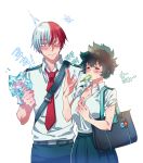  1boy 1girl aneunyeoja bag belt biting blue_eyes blush boku_no_hero_academia breasts burn_scar cleavage closed_eyes error fanning_self food freckles genderswap genderswap_(mtf) green_hair grey_eyes highres ice ice_cream keychain large_breasts lip_biting looking_at_another midoriya_izuku mouth_hold necktie nose_blush popsicle scar school_bag school_uniform sweat todoroki_shouto 