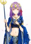  1girl bangs bracelet breasts cape circlet closed_mouth cowboy_shot dangmill fate/grand_order fate_(series) holding holding_staff indian_clothes jewelry looking_at_viewer matou_sakura medium_breasts navel necklace parvati_(fate/grand_order) petals purple_hair solo staff stomach violet_eyes 