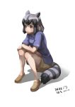  1girl 2017 :/ animal_ears artist_name black_hair blush breasts brown_eyes brown_footwear brown_shorts collared_shirt common_raccoon_(kemono_friends) crossed_arms dated eyebrows eyelashes facing_away full_body grey_hair highres kemono_friends knees_together_feet_apart loafers looking_away multicolored_hair name_tag open_mouth purple_shirt raccoon_ears raccoon_tail roonhee shadow shirt shoes short_hair short_sleeves shorts sidelocks simple_background sitting small_breasts solo tail tareme white_background white_hair 