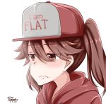  1girl absurdres artist_name brown_eyes brown_hair dated engrish eyebrows_visible_through_hair eyes_visible_through_hair face frown hat highres kantai_collection plasbott ranguage ryuujou_(kantai_collection) signature solo sweater twintails upper_body 