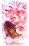  1girl absurdres animal_ears black_legwear breasts casual cleavage collarbone fate/extra fate/grand_order fate_(series) fox_ears fox_tail glass hair_in_mouth highres large_breasts long_hair looking_at_viewer mochigome_(fatelly) petals pink_hair solo tail tamamo_(fate)_(all) tamamo_no_mae_(fate) thigh-highs traditional_media watercolor_(medium) yellow_eyes 