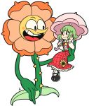  1boy 1girl :d ascot blush_stickers cagney_carnation collared_shirt crossover cuphead_(game) flower happy highres kazami_yuuka mary_janes open_mouth parody plant_monster shirt shoes skirt smile style_parody sunflower touhou umbrella vest yatsunote 