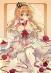  1girl blonde_hair blue_eyes braid breasts cake cleavage commentary corset crown cup cupcake dress flower food french_braid highres holding holding_cup kantai_collection large_breasts long_hair long_sleeves looking_at_viewer mini_crown nanahamu off-shoulder_dress off_shoulder red_ribbon red_rose ribbon rose sitting smile solo teacup thigh-highs warspite_(kantai_collection) white_dress white_legwear 
