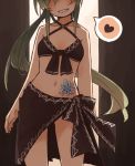  1girl bare_shoulders blush commentary_request contrapposto cowboy_shot facing_viewer green_hair grin head_out_of_frame heart highres kaginoni long_hair midriff navel original selenoah smile solo speech_bubble spoken_heart standing swimsuit tattoo very_long_hair 