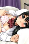  1girl bangs black_hair bow bowtie bra closed_mouth fingernails flat_chest food_print green_eyes highres indoors long_sleeves looking_at_viewer matsunaga_kouyou on_bed open_clothes open_shirt original pillow pink_bra red_bow red_bowtie shirt smile solo strawberry_print striped striped_bow striped_bowtie tareme underwear upper_body white_shirt 