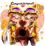  1girl bangs bike_shorts black_shorts blonde_hair blunt_bangs bobblehat brown_eyes closed_mouth congratulations dated domino_mask english fangs goggles goggles_on_headwear harutarou_(orion_3boshi) hat heart holding holding_weapon ink_tank_(splatoon) inkling inkzooka_(splatoon) long_hair looking_at_viewer mask open_mouth paint_splatter pointy_ears print_shirt red_eyes shirt short_hair shorts single_vertical_stripe smile splatoon splatoon_1 standing t-shirt tentacle_hair weapon white_background yellow_hat yellow_shirt 